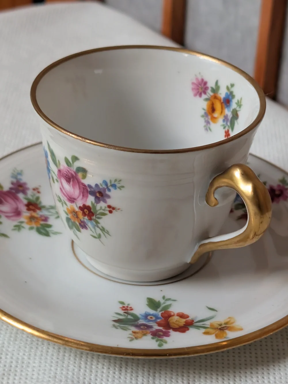 Antique Limoges France Teacup Saucer Set Flambeau GDA Dresden Floral Gold Gilt
